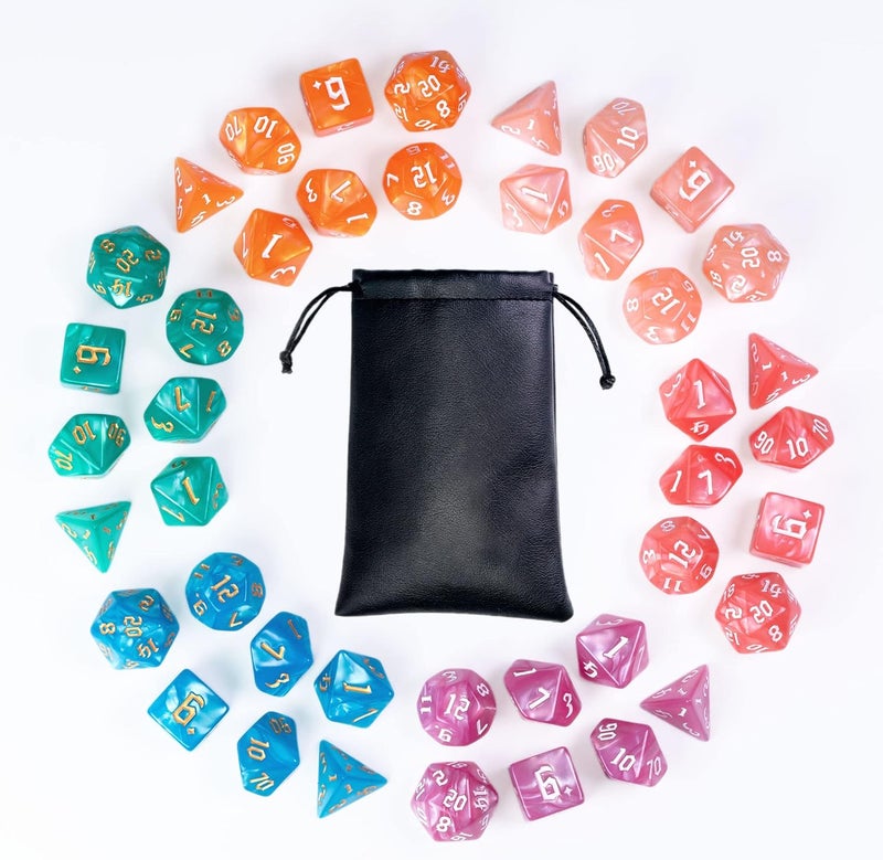 Poludie 6 Sets DND Dice Polyhedral Dice Set (42pcs) with 1 Large Leather Bag, D&D Dice Set for Dungeons and Dragons, RPG Table Games. (6 Sets Sickle Font Pearl Patte) - Image 1